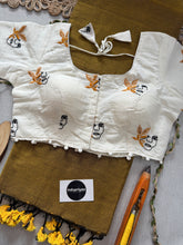 Golden Handloom Cotton Saree With Embrodery Work Redy Made Blouse